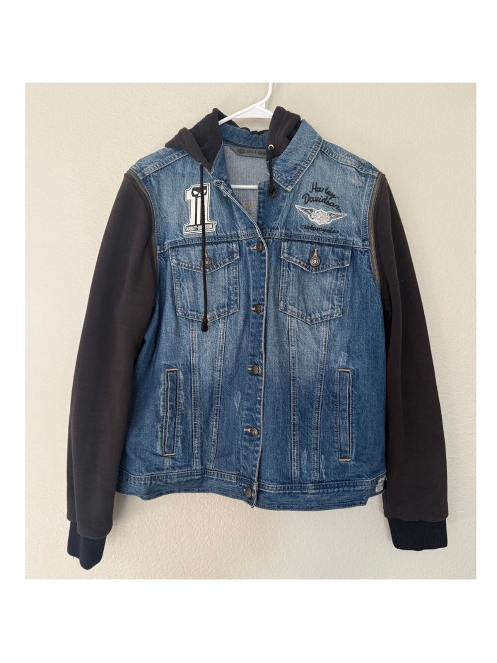Harley-Davidson women’s Blue Denim Jacket with Black Hoodie Sleeves